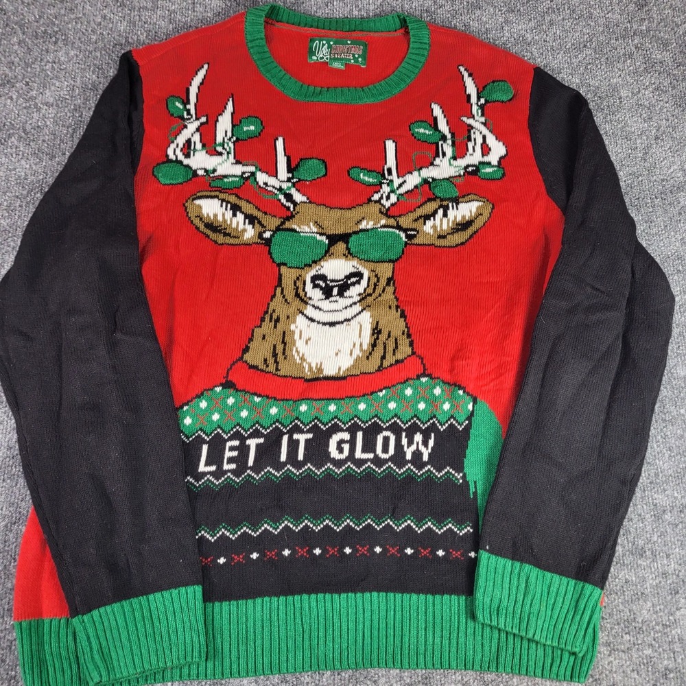 Ugly Christmas Sweater Let It Glow Reindeer Sunglasses Red XL RN 63925